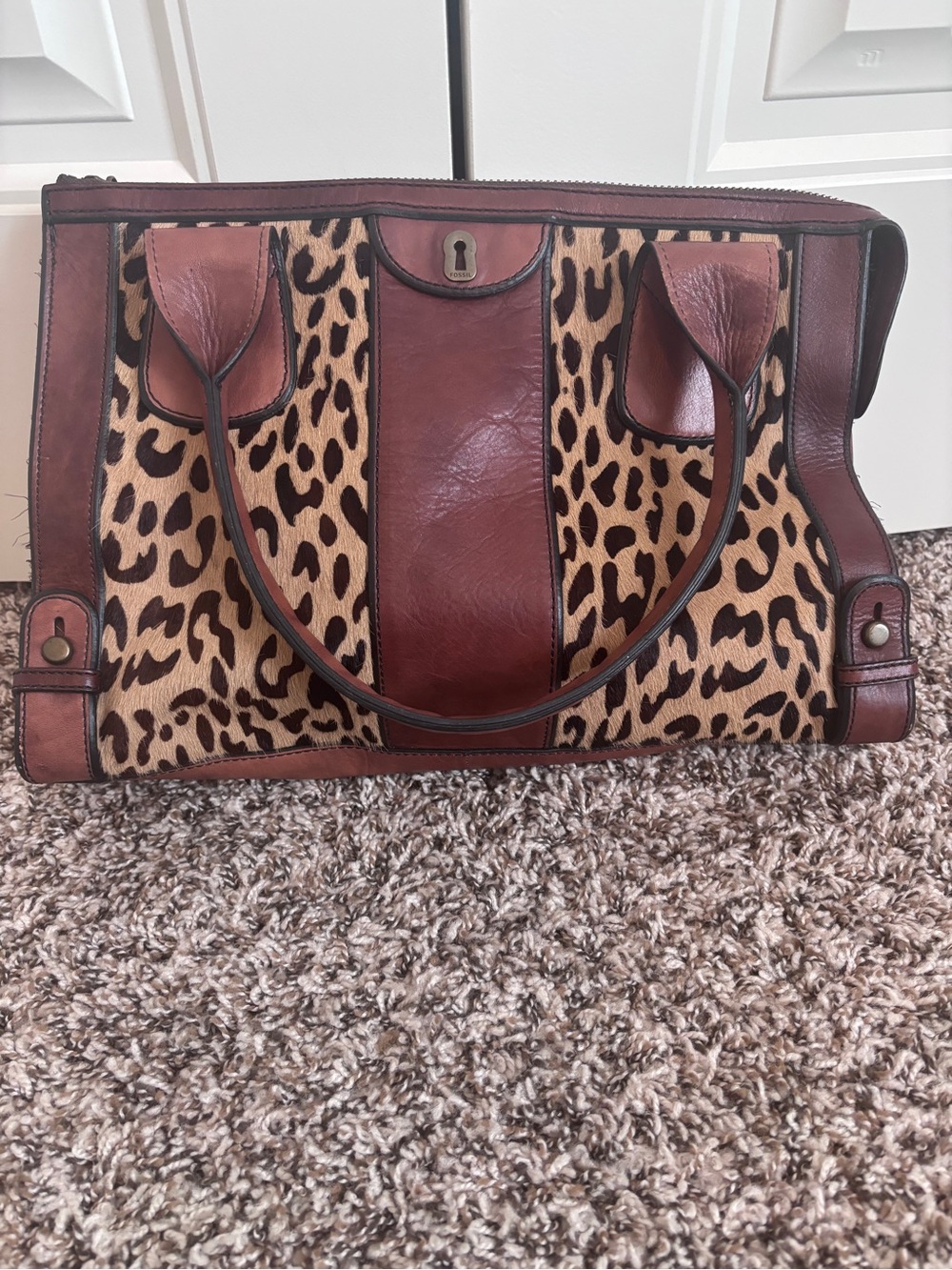 Fossil Leopard Print Tote with Brown Leather Trim